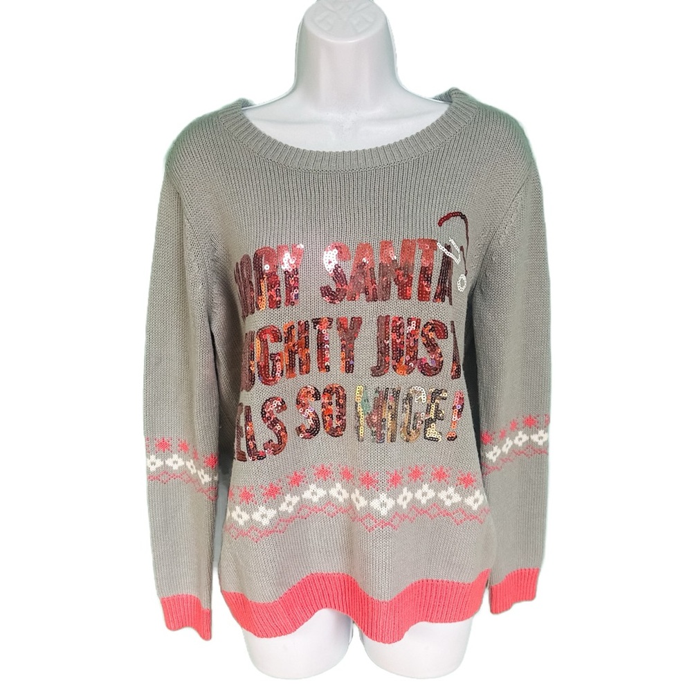 NWOT Faith & Zoe Gray & Pink Sequin Ugly Christmas Sweater Womens Size M
